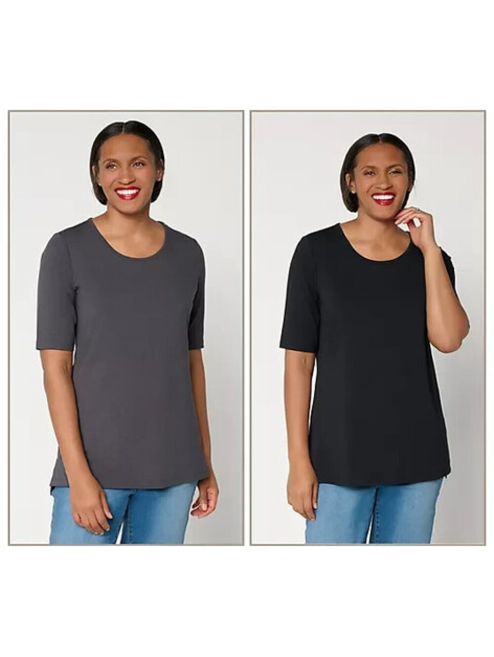 Denim & Co. Essentials Regular So Soft Jersey 2-Pack Tunics Black/Charcoal, 2X